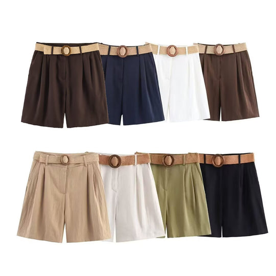 Damen elegante Shorts mit breitem, geflochtenem Gürtel EB