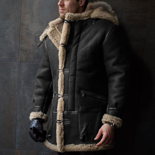 Herren Lammfell-Mantel mit Kapuze und praktischen Taschen EB