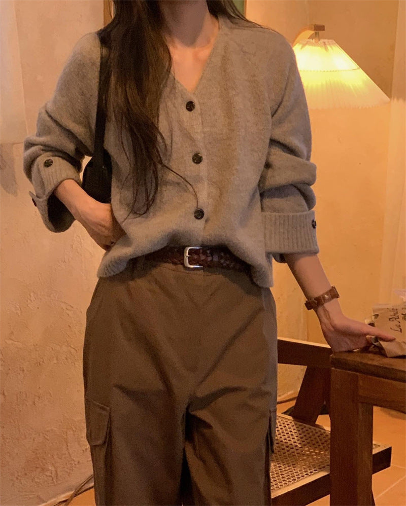 Damen Grob gestrickter Cardigan mit modischen Knopfdetails EB
