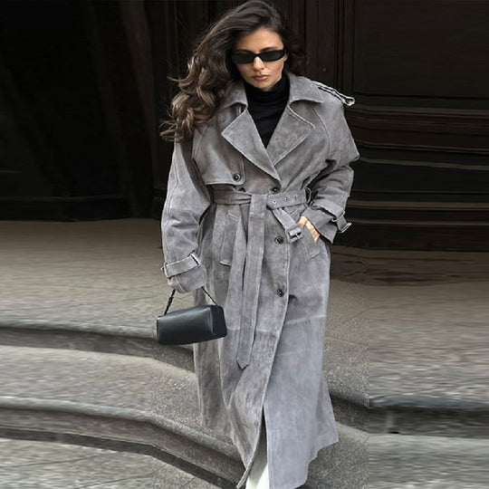 Damen Eleganter Long-Trenchcoat aus weichem Wildleder EB