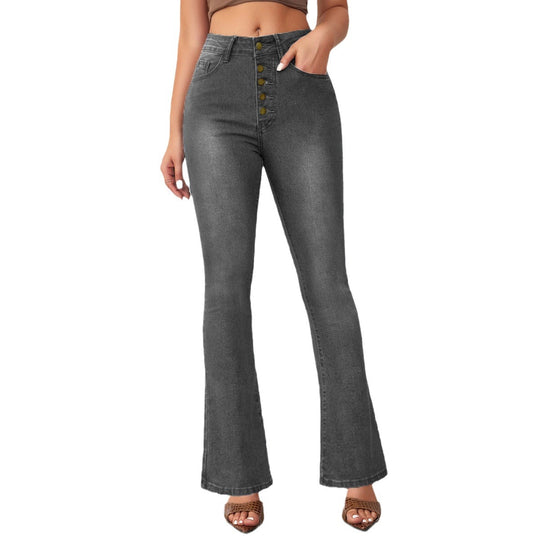 Damen Flared Jeans mit hohen Bund und modischen Knopfdetails EB
