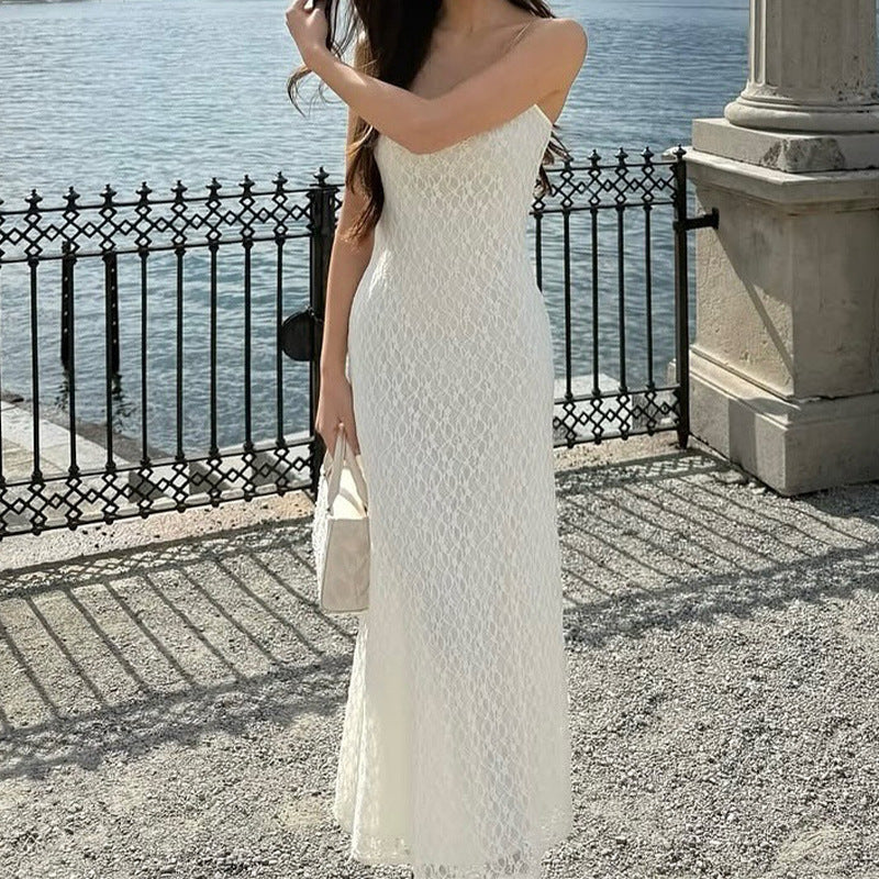 Damen Maxikleid aus luftigem Häkelmaterial mit zarten Trägern EB