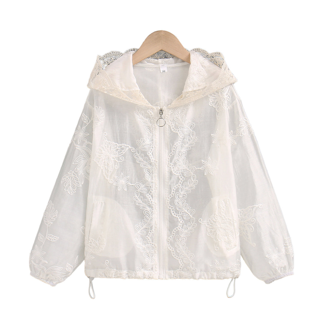 Damen nan transparente bestickte Kapuzenjacke mit Reißverschluss und Tunnelzug R&B