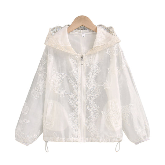 Damen nan transparente bestickte Kapuzenjacke mit Reißverschluss und Tunnelzug R&B