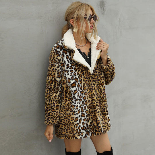 Damen Kunstfelljacke mit modischem Leopardenmuster und weichem Innenfutter EB