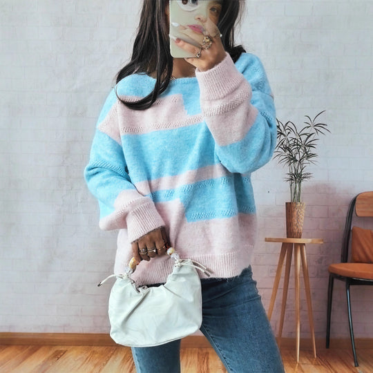 Damen Grobstrickpullover mit modischem Streifenmuster und weitem Schnitt EB
