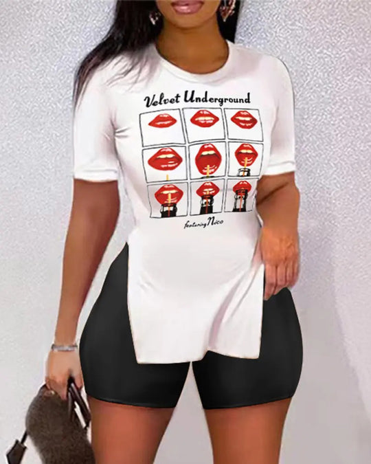 Damen Freizeit-Kombination mit kreativem Tiermuster und bequemen Shorts EB