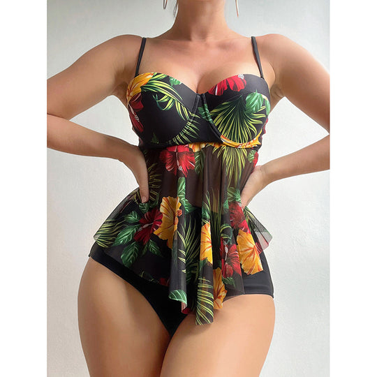 Damen Badeanzug mit Volants und floralem Print EB