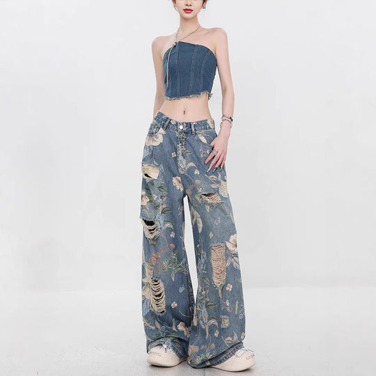 Damen Weit geschnittene Jeans mit floralem Design und schickem Destroyed-Effekt EB