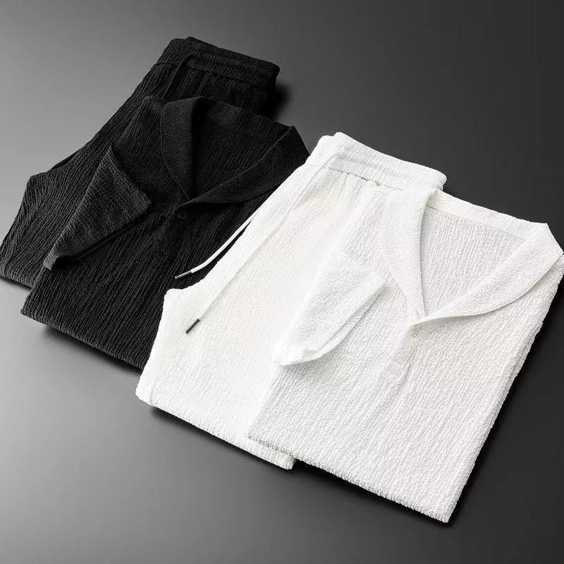 Damen lässiges Kurzarm-Set mit strukturiertem Gewebe und elastischem Bund EB