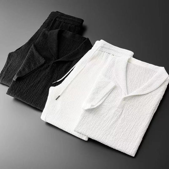 Damen lässiges Kurzarm-Set mit strukturiertem Gewebe und elastischem Bund EB