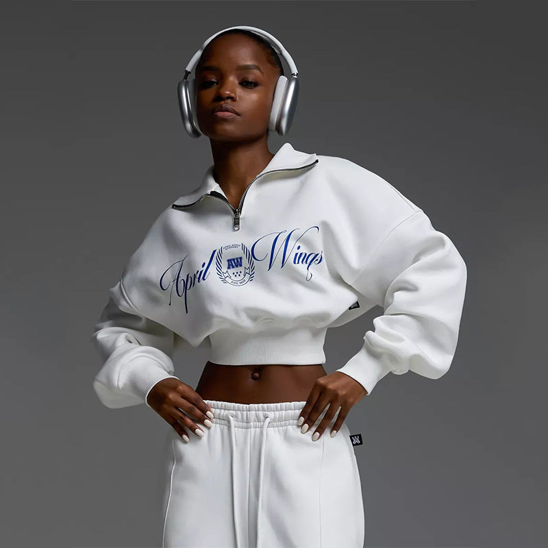 Damen Cropped Halbzip-Sweatshirt mit weitem High‑Waist Loungehose Set EB