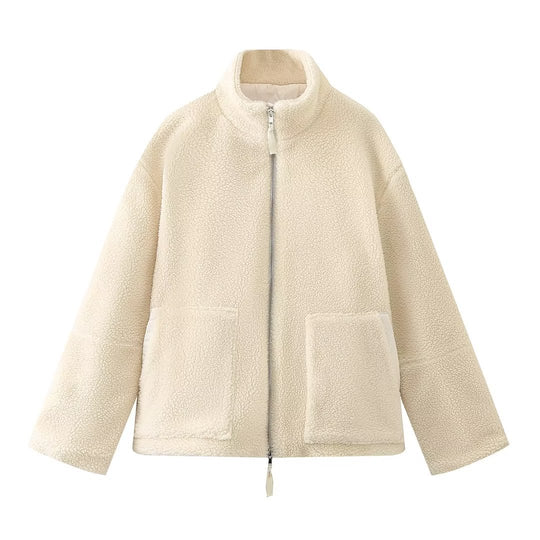 Damen Flauschige Fleecejacke mit hohem Kragen und praktischen Taschen EB