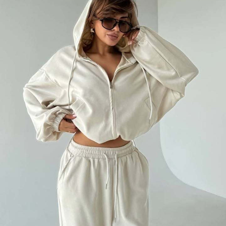 Damen Velours-Cropped-Kapuzenjacke mit Ballonärmeln und weiter Palazzo-Sweathose EB