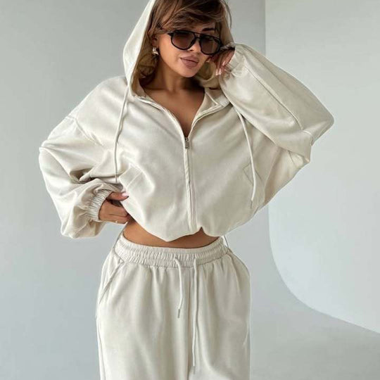 Damen Velours-Cropped-Kapuzenjacke mit Ballonärmeln und weiter Palazzo-Sweathose EB