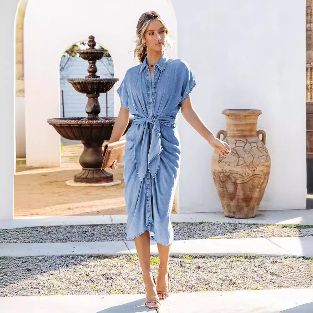 Damen Denim Hemdkleid mit Wickelgürtel und überschnittenen Ärmeln EB