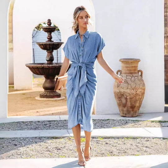 Damen Denim Hemdkleid mit Wickelgürtel und überschnittenen Ärmeln EB