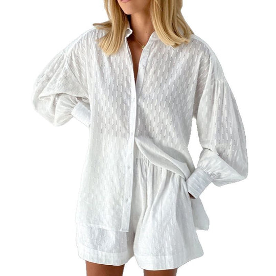 Damen modisches Kurzarm-Pyjama-Set mit strukturierter Oberflächenbeschaffenheit EB