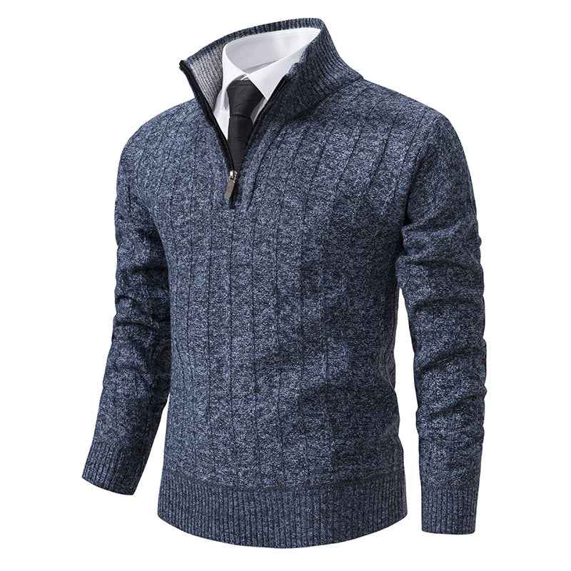 Herren nan Halbzip-Strickpullover mit strukturierter Zopfoptik, wärmendem Stehkragen und schmaler Silhouette EB