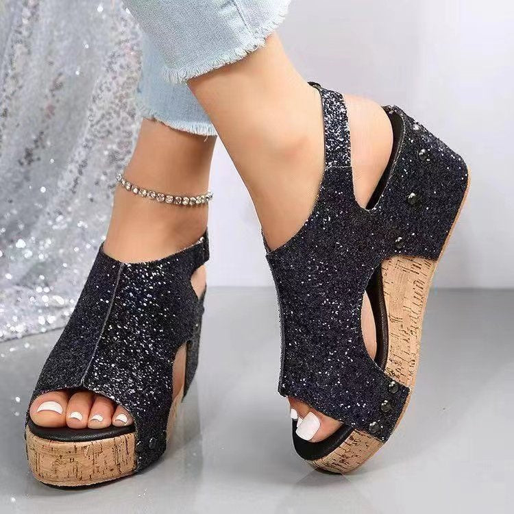 Damen Plateausandalen mit funkelndem Glitzer und Korksohle EB