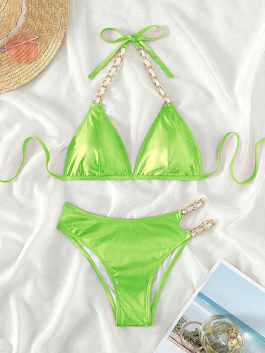 Damen Triangel-Bikini mit goldenen Kettendetails EB