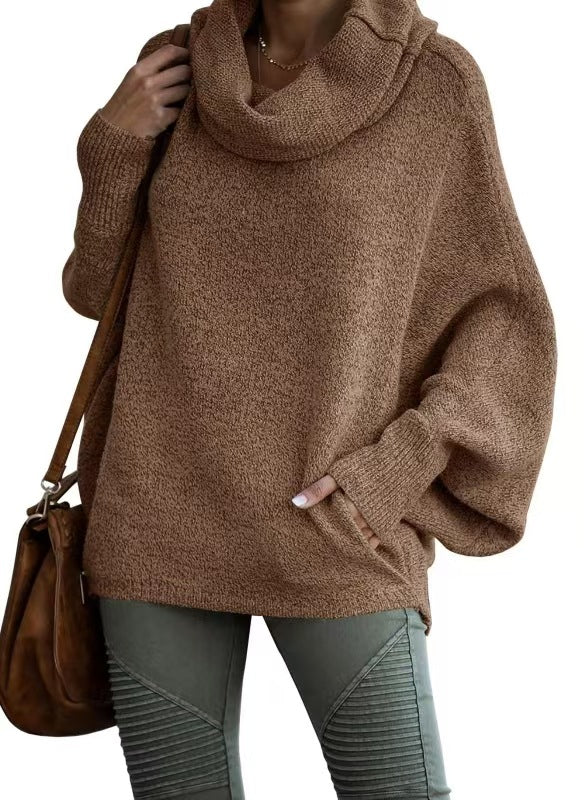 Damen lässiger Strickpullover mit weichem Stehkragen und weit geschnittenen Ärmeln EB