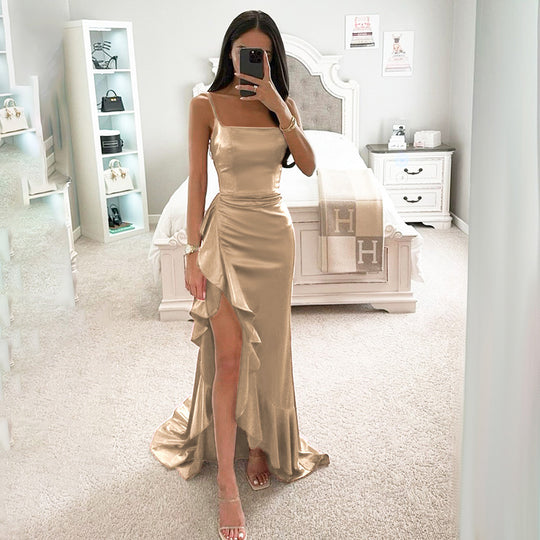 Damen elegantes Maxikleid mit seitlichem Schlitz und fließendem Rüschensaum EB
