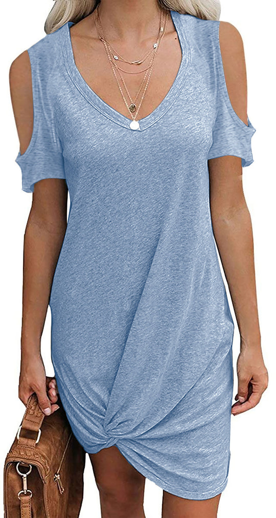 Damen V-Ausschnitt Minikleid mit offenem Schulterdesign und raffinierten Knotendetails EB