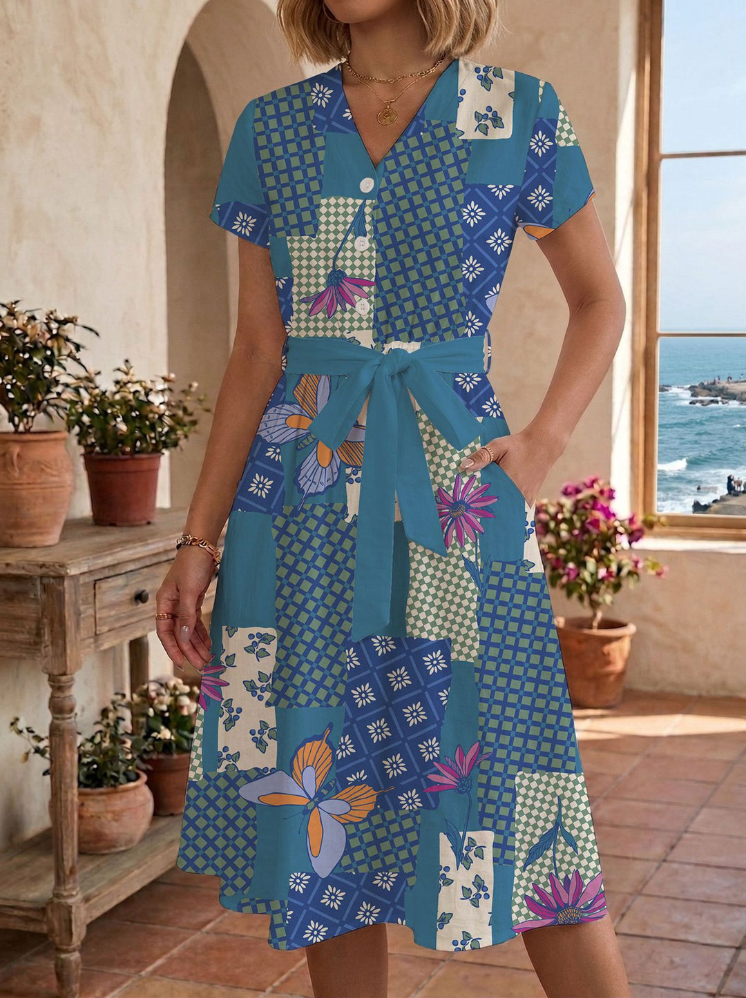 Damen Sommerliches Kleid mit taillierbarem Bindegürtel und floralem Muster EB