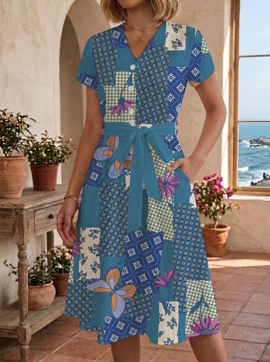 Damen Sommerliches Kleid mit taillierbarem Bindegürtel und floralem Muster EB