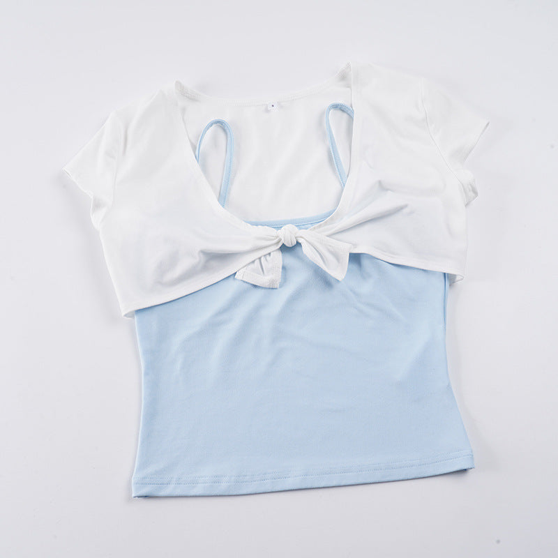 Damen Kurzarm Blusentop mit Knotendetail EB