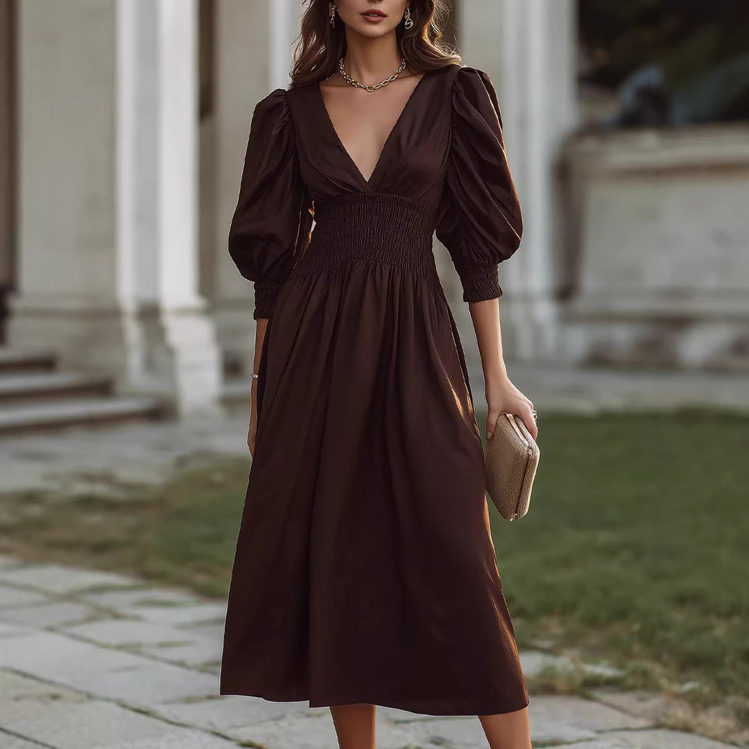 Damen Maxikleid mit schmaler Taille und Puffärmeln EB