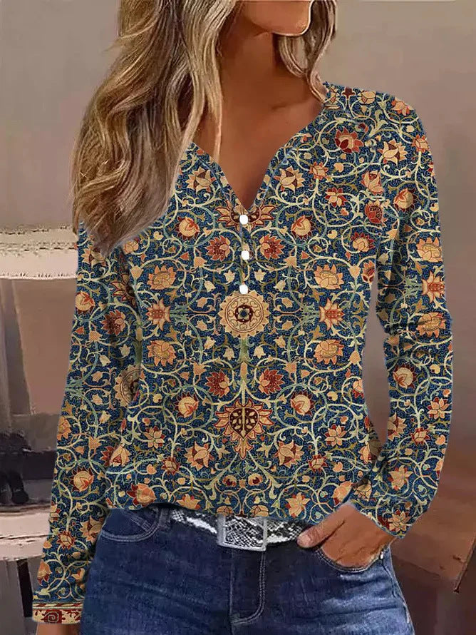 Damen elegantes Langarmshirt mit grafischem Farbverlauf und Knopfdetails EB