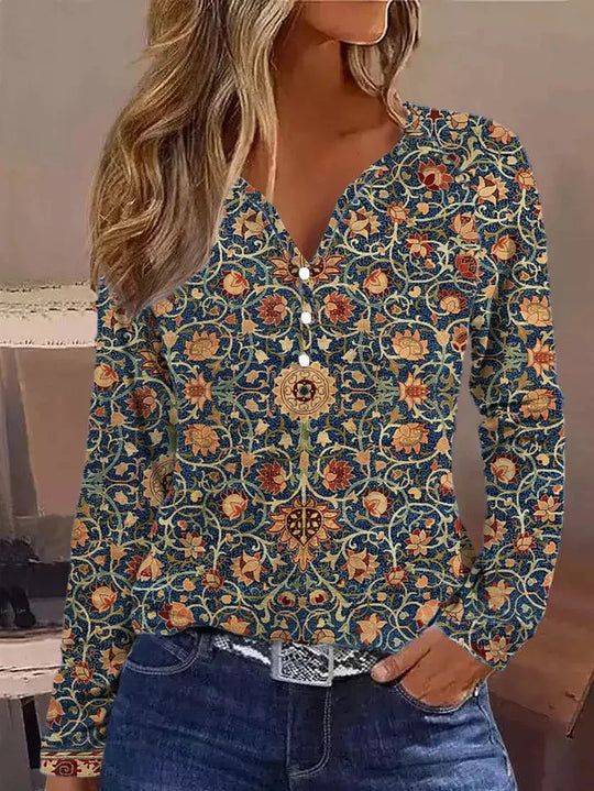 Damen elegantes Langarmshirt mit grafischem Farbverlauf und Knopfdetails EB