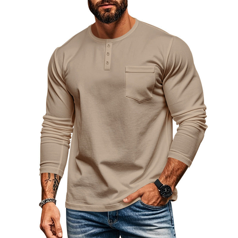 Herren langärmliges Henley-Shirt mit strukturierter Baumwolloberfläche und Brusttasche EB