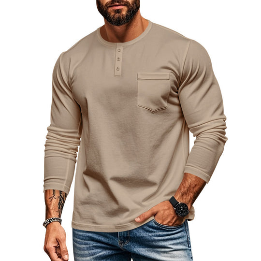 Herren langärmliges Henley-Shirt mit strukturierter Baumwolloberfläche und Brusttasche EB