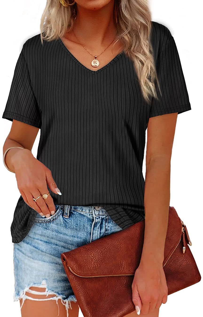 Damen Viskose T-Shirt mit feinem Rippstrickmuster und lässigem V-Ausschnitt EB