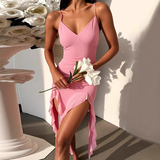 Damen Elegantes Maxikleid mit asymmetrischem Saum und tiefem V-Ausschnitt EB