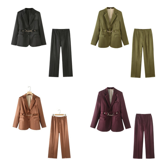 Damen elegantes Satin-Blazer-Set mit Kettenakzent EB