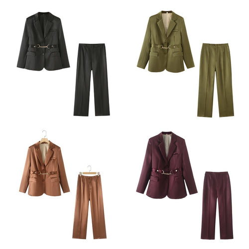 Damen elegantes Satin-Blazer-Set mit Kettenakzent EB