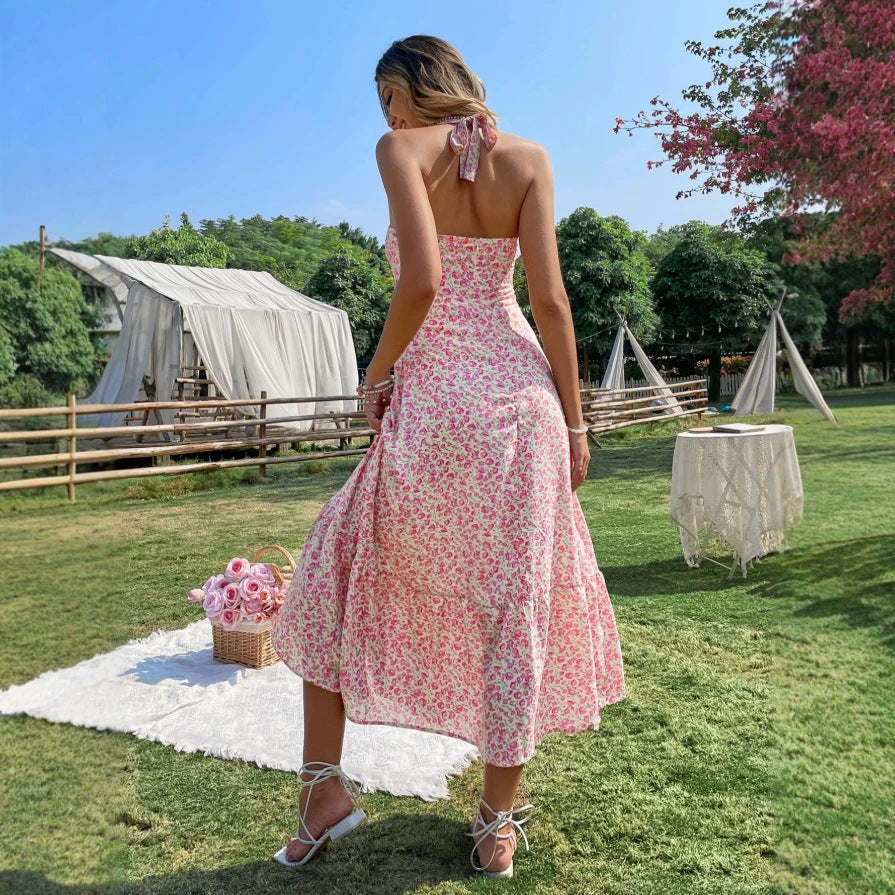 Damen Maxikleid mit floralem Design und gerafftem Saum EB