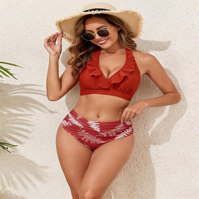 Damen Bikini-Set mit Volant-Top und hochgeschnittenem Slip EB