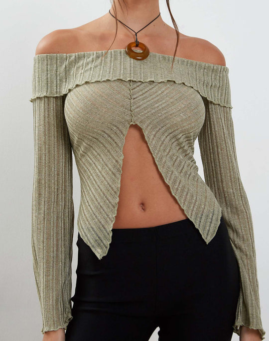 Damen Trendy Oberteil mit Off-Shoulder-Design und dekorativen Rüschen EB