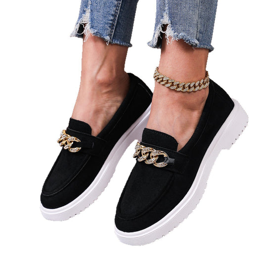 Damen  elegante Slipper mit Plateau-Laufsohle, goldener Schmuckkette und gepolstertem Komfortfußbett EB