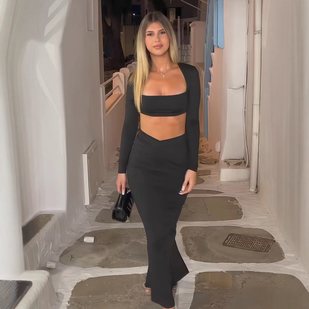 Damen Elegantes Set aus Crop-Top und Maxirock mit transparentem Detail EB