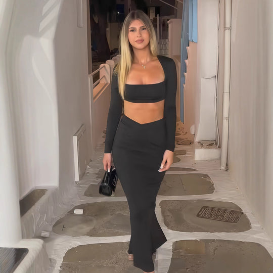 Damen Elegantes Set aus Crop-Top und Maxirock mit transparentem Detail EB