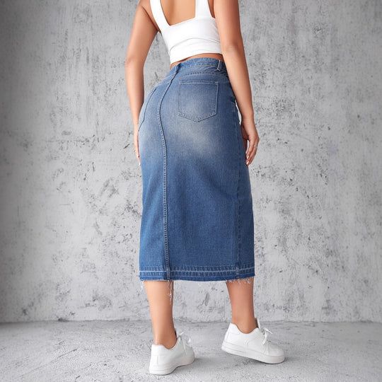 Damen Denim-Midirock mit hohem Schlitz und fransigem Saum EB