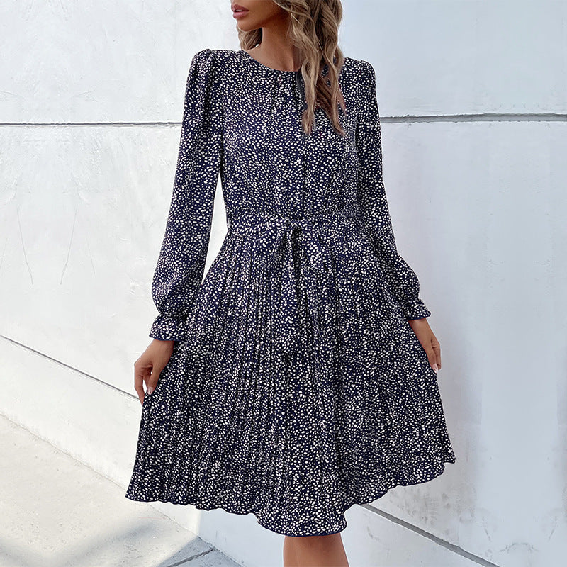 Damen Midikleid mit elastischem Taillengürtel und femininem Punktenmuster EB
