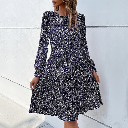 Damen Midikleid mit elastischem Taillengürtel und femininem Punktenmuster EB