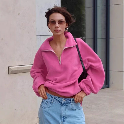 Damen lässiger Fleece-Pullover mit halbem Reißverschluss und oversized Schnitt EB